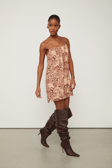 Vestido De Georgette Pesado Curto De Alça Estampado Est Onca Parda Cafe e Clash - 36