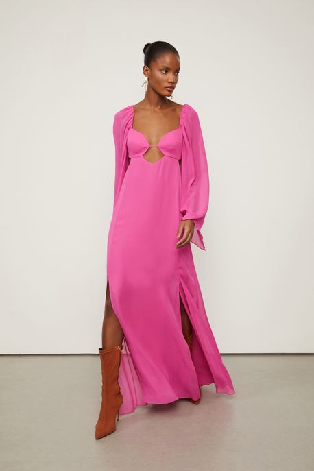 Vestido De Georgette Leve Longo Manga Longa Rosa Fendas Rosa Punch - 36