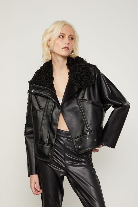 Jaqueta Like Leather Com Pelo Preto - G