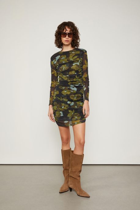 Vestido De Malha Estampado Floral Miller Est Floral Miller Preto e Menta Aj - P
