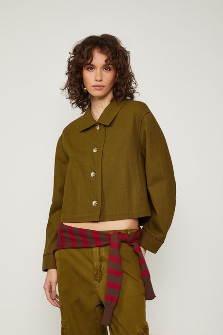 Jaqueta De Algodão Com Detalhe Bordado Verde Figo - M