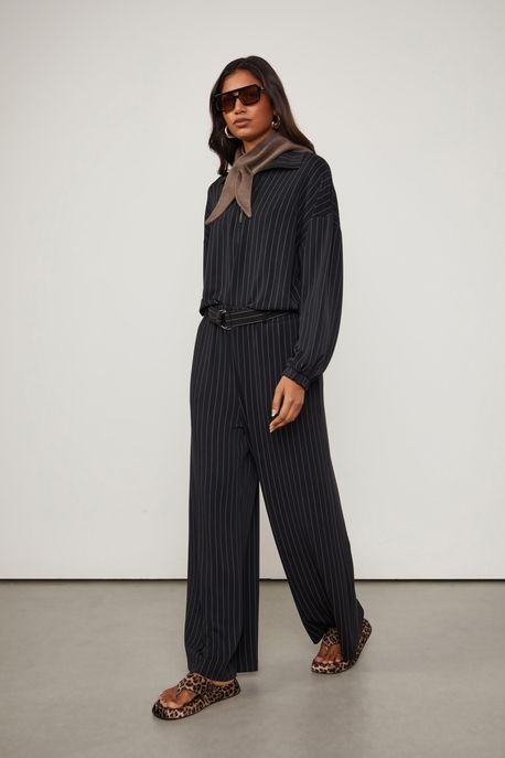 Calça De Malha Cupro Risca De Giz Listrado Preto - M