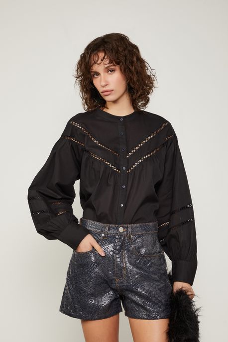 Camisa De Voil Com Entremeio e Manga Bufante Preto - G