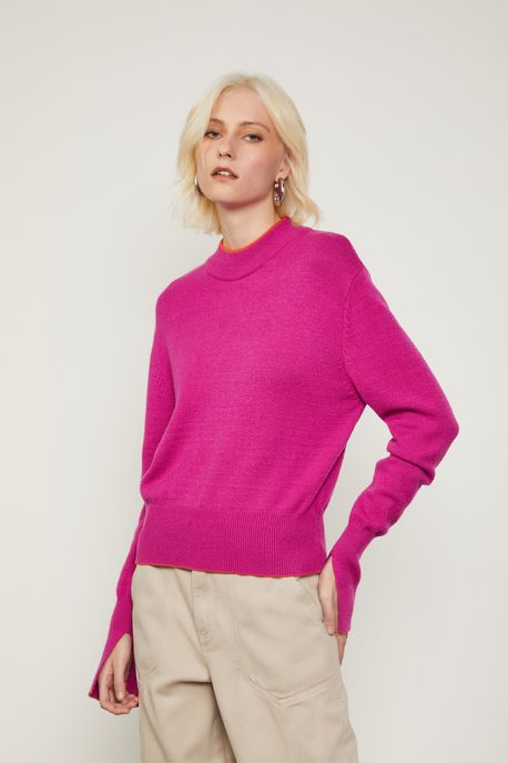 Blusa De Tricot Com Detalhe Contrastante Rosa Punch - P
