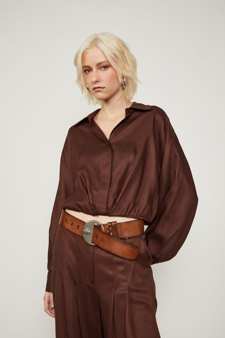 Blusa De Tencel Cropped Com Manga Longa Marrom Cafe - G