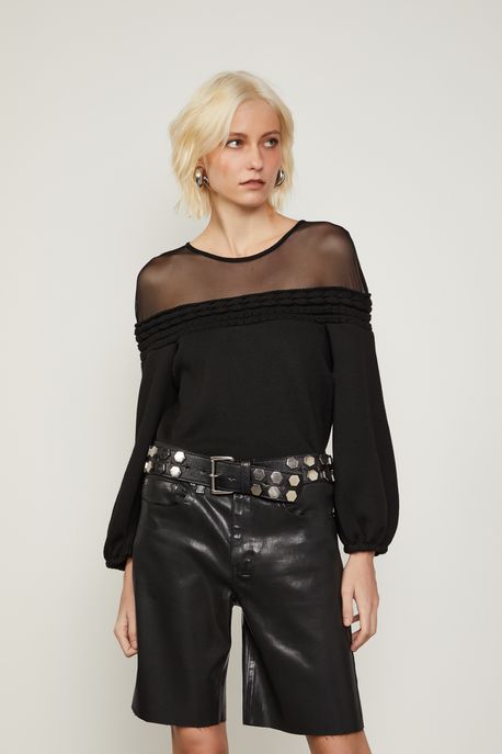 Blusa De Tricot e Tule Com Detalhe Trança Preto - P