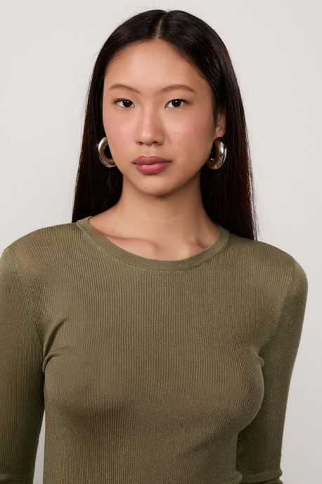 Blusa De Tricot Rib Manga Longa Com Transparência Verde Figo - P
