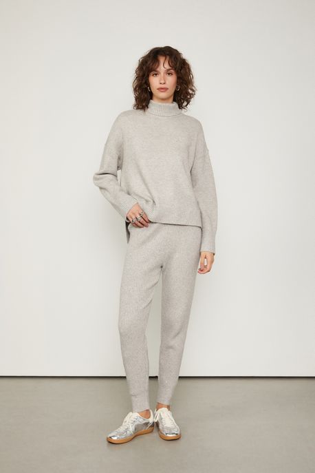 Calça De Tricot Com Mini Paetês Bege Cashmere - P