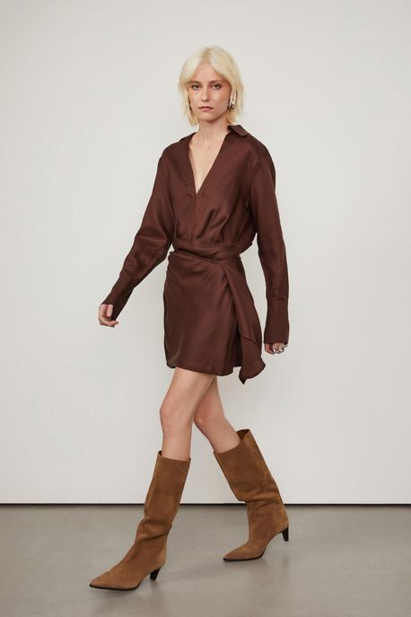 Vestido De Tencel Curto Com Transpasse Marrom Cafe - P