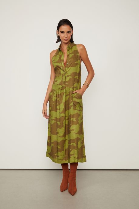 Vestido Chemise Longo Sem Manga Com Linho Estampado Est Camuflado Flor Bamboo e Figo p - 36
