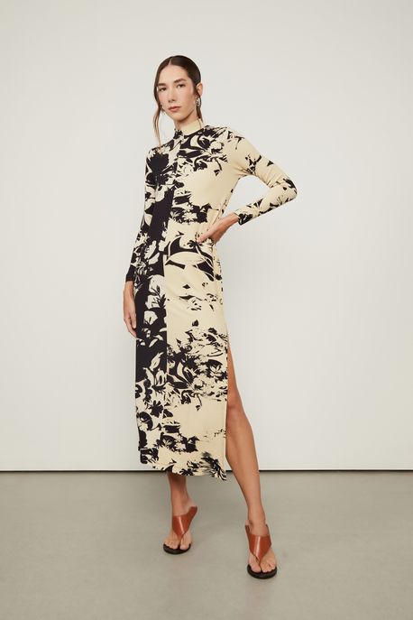Vestido Longo Manga Longa Floral Est Floral Pincel Off e Preto - P