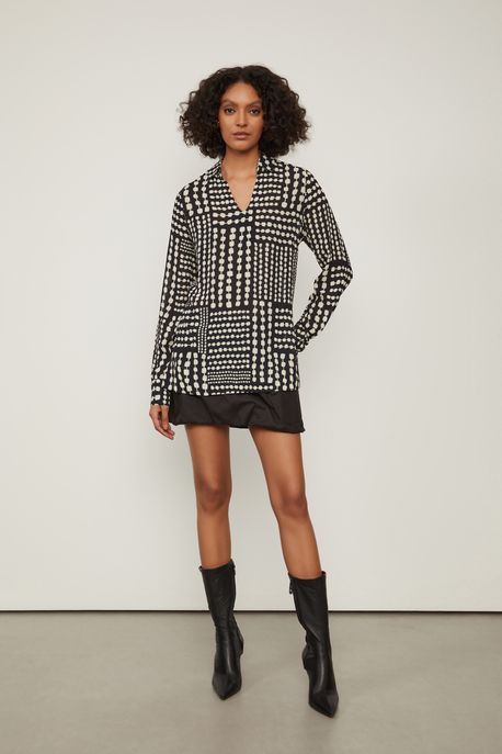 Túnica De Georgette Ampla Estampado Est. Listra Corrente Preto e Off - 38