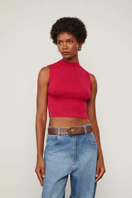 Blusa Básica De Tricot Cropped Gola Alta Vermelho Cereja - M