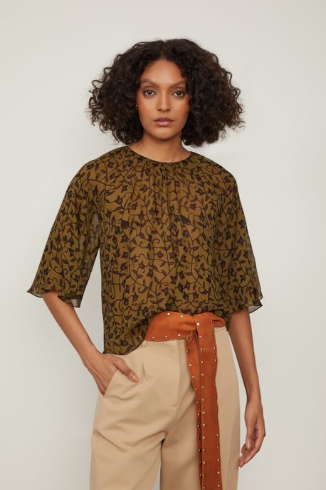 Blusa De Georgette Com Manga Curta Estampado Est Liberty Elos Figo e Preto - 42