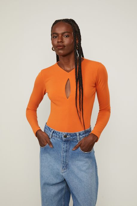 Body Manga Longa Decote Gota Laranja Queimado - P
