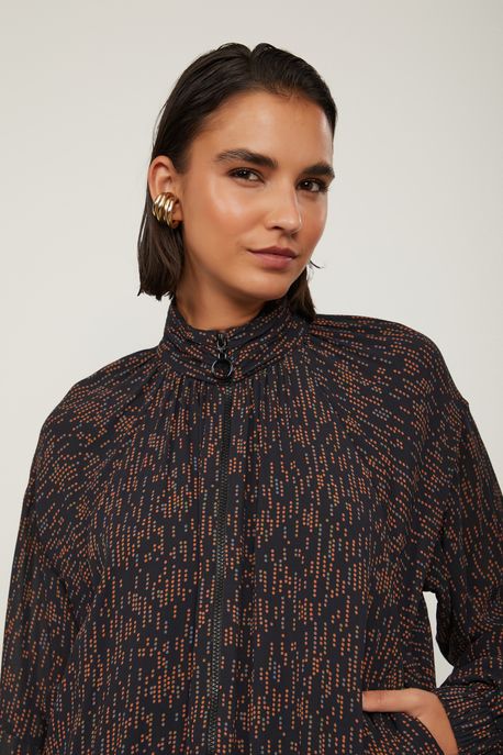 Jaqueta De Georgette Com Gola Alta Estampada Est Pois Pontos Preto e Queimado - 38