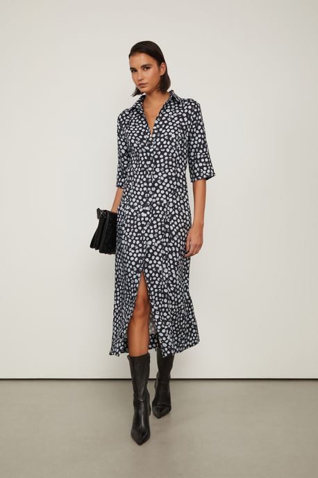 Vestido Chemise Midi Manga Curta Com Linho Estampado Est Pois Rastro Preto e Pale - 40