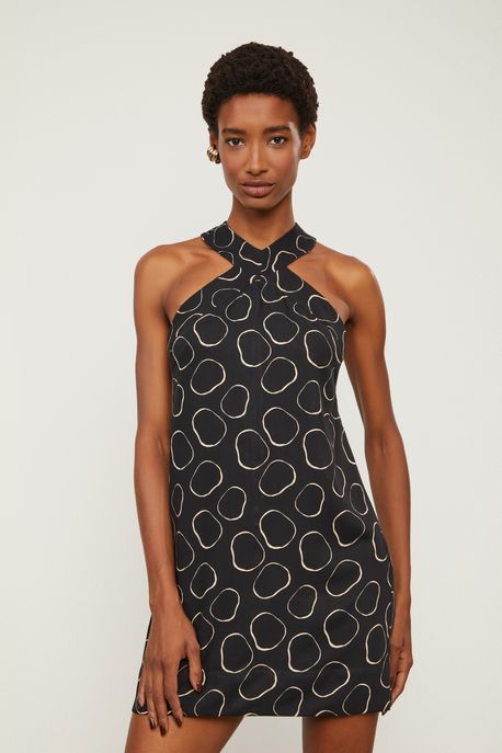 Vestido Curto Sem Manga Decote Cruzado De Viscose Estampado Est Pois Aro Preto e Marzipan - 44