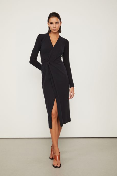 Vestido Midi Decote v Manga Longa Preto Preto - PP