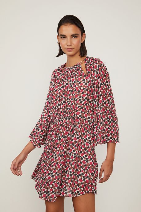 Vestido De Georgette Curto Franzido Estampado Est. Fig Goma Cereja - 38