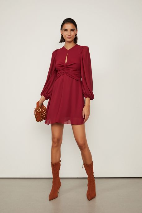 Vestido De Georgette Curto Franzdio Marrom Marrom Ruibarbo - 42