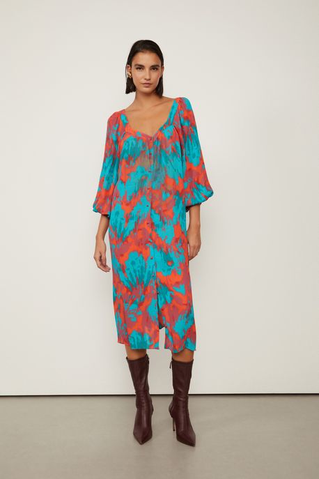 Vestido De Georgette Pesado Midi Manga Longa Estampado Abotoamento Frontal Est Floral Tricot Clash - 34