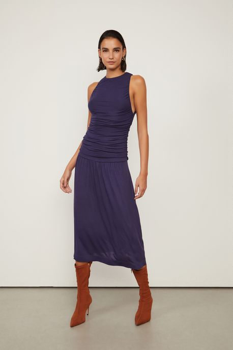 Vestido De Malha Azul Midi Franzido Cod Disponivel - M