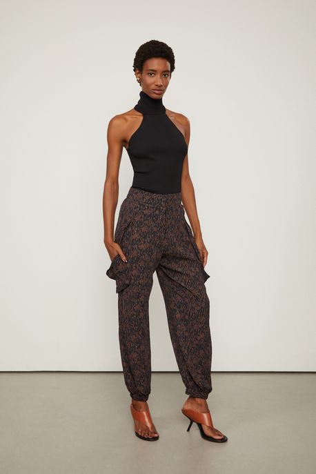 Calça De Georgette Com Elástico Na Barra Estampado Est Pois Pontos Preto e Queimado - 36