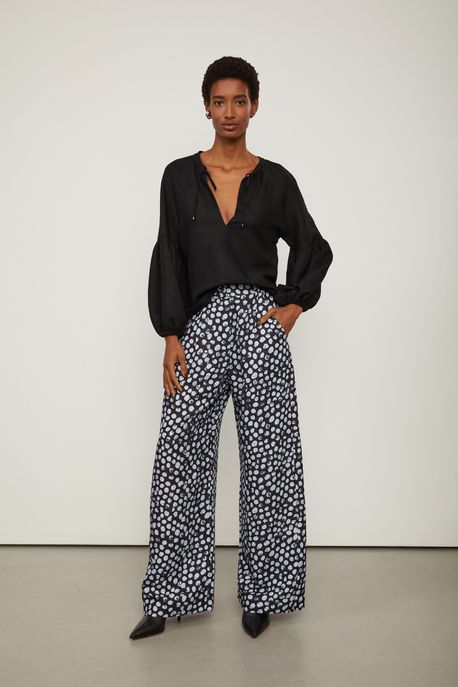 Calça Pantalona Com Linho Estampada Est Pois Rastro Preto e Pale - 38