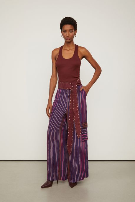 Calça Ampla De Viscose Estampada Est Listra Gress Color - 34