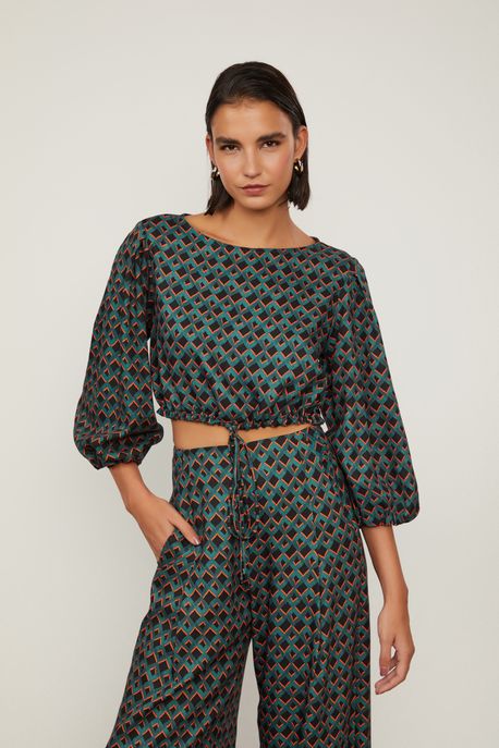 Blusa Manga Longa Cropped Com Amarração De Viscose Estampada Est Geo Losango Preto - 38