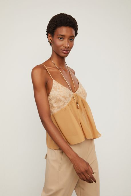 Regata De Georgette Leve De Alça Marrom Busto Com Renda Marrom Doe - 40