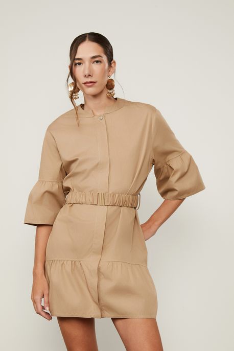 Vestido Chemise Curto Com Cinto De Algodão Bege Bege Cashmere - 34