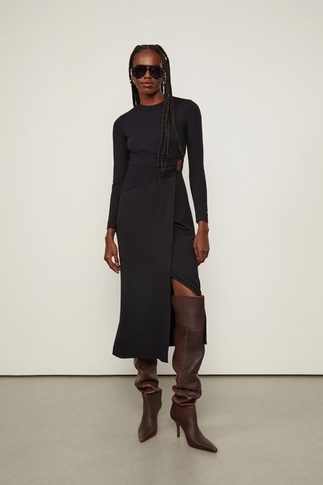 Vestido Midi Manga Longa De Malha Preto Preto - P