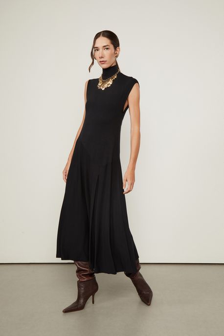 Vestido Midi Manga Curta Preto Preto - M