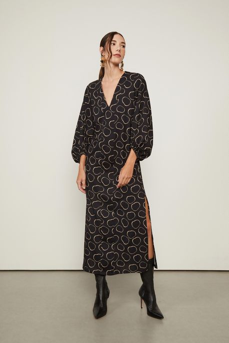 Vestido Midi Manga Longa De Malha Aros Est Pois Aro Preto e Marzipan ¨ - PP