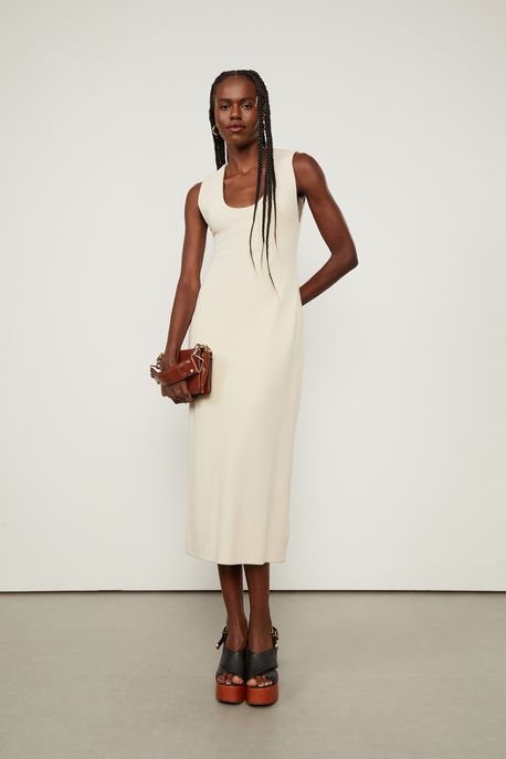 Vestido De Malha Crepe Bege Midi Decote v Bege Sand - M