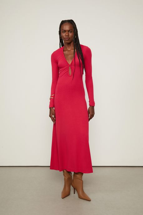 Vestido Midi Decote Franzido Vermelho Cereja - PP