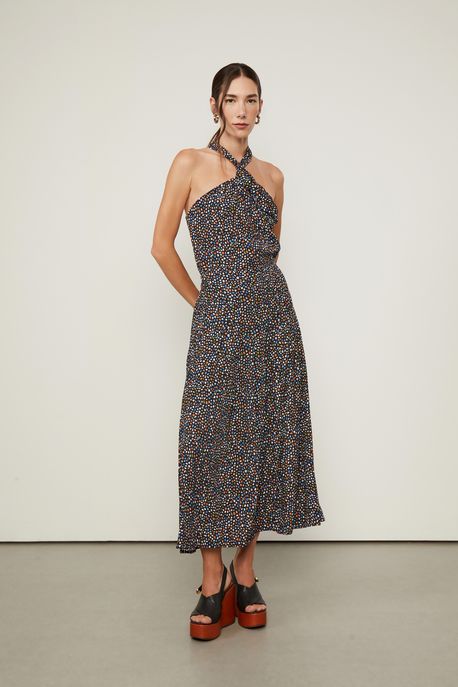 Saia Midi Evasê De Viscose Estampada Est Fig Pedras Preto e Queimado - 42