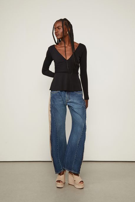 Blusa Manga Longa Decote v Preta Preto - P