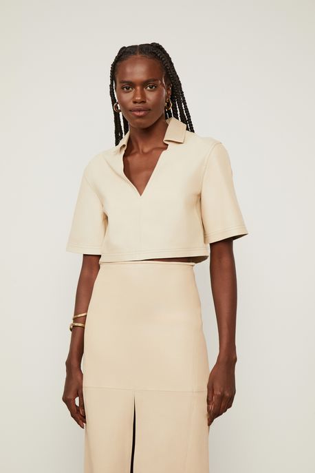 Top De Couro Cropped Pespontos Bege Creme - 38