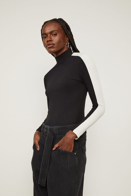 Blusa Manga Longa Bicolor Pb Preto C/Off - PP