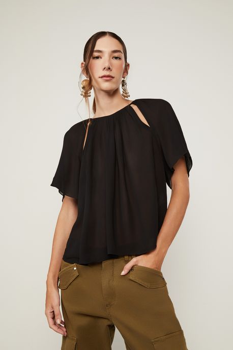Blusa De Georgette Franzida Preto Preto - 42