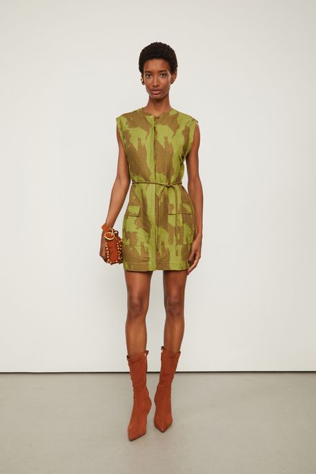 Vestido Chemise Longo Sem Manga Com Linho Estampado Est Camuflado Flor Bamboo e Figo p - 40