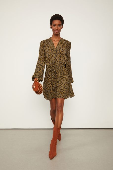 Vestido De Georgette Curto Com Decote v Estampado Est Liberty Elos Figo e Preto - 44