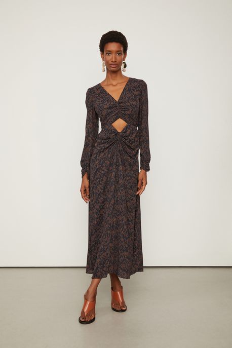 Vestido De Georgette Midi Com Cut Estampado Est Pois Pontos Preto e Queimado - 36