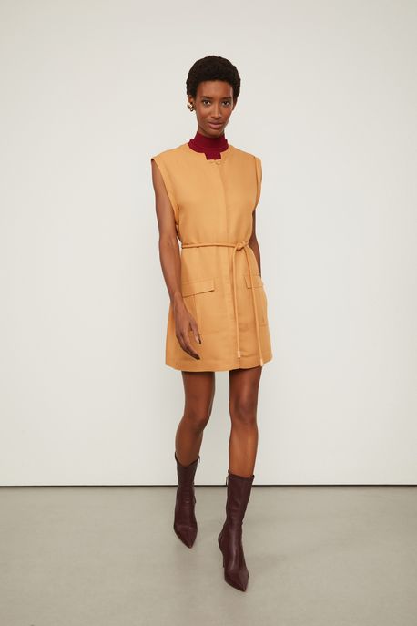 Vestido Chemise Curto Sem Manga Gola Padre Com Amarração Bege Marrom Doe - 40