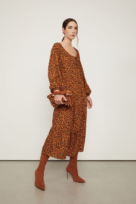 Vestido Midi Manga Longa Decote u De Viscose Estampado Est Onca Urbe Color - 36