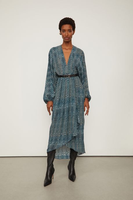 Vestido De Georgette Midi Com Manga Longa Estampado Est. Textura Snake Color - 36