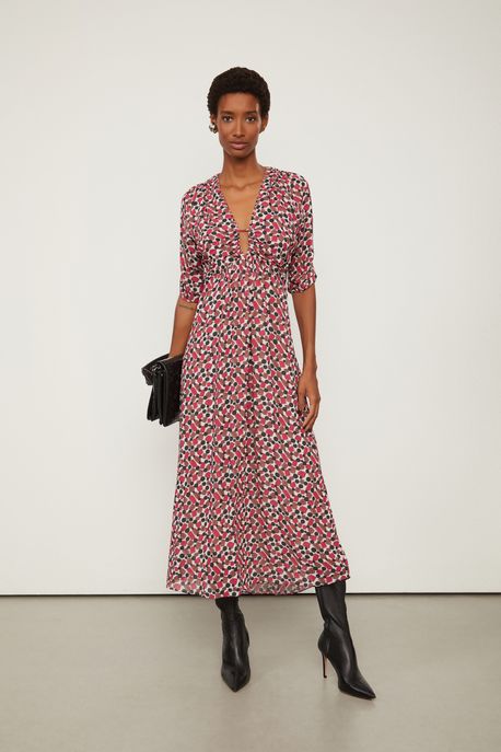Vestido De Georgette Midi Com Decote v Estampado Est. Fig Goma Cereja - 36